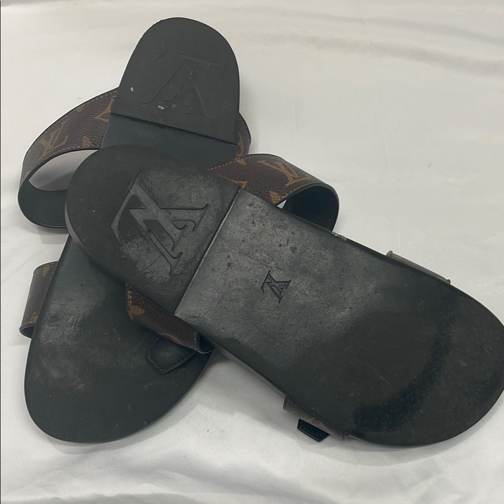 Louis Vuitton Brown Monogram Double-Strap Slide Sandals with Gold Buckles - Picture 3 of 3